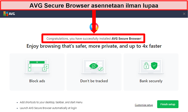 Näyttökuva AVG Secure Browser -aloitusnäytöstä.