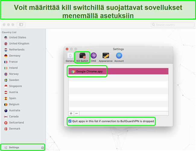 Näyttökuva BullGuard VPN -asetusten valikosta, joka mahdollistaa Kill-kytkimen Google Chromelle