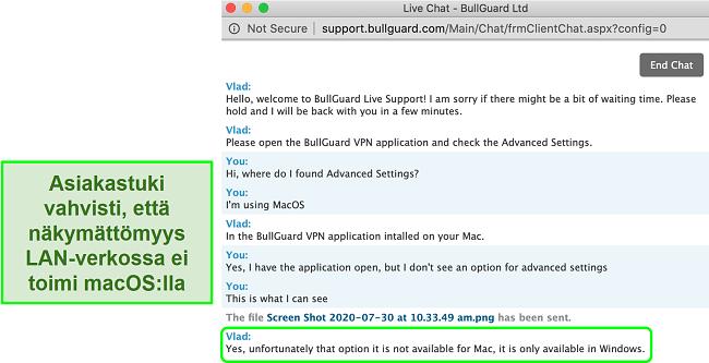 Näyttökuva BullGuard VPN: n asiakaspalvelusta, joka vahvistaa näkymättömyyden lähiverkossa, on käytettävissä vain Windowsissa