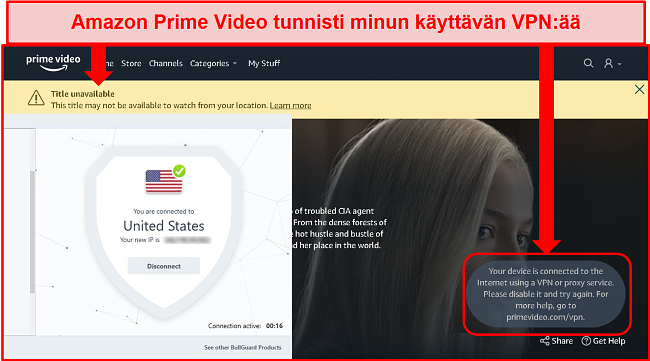 Näyttökuva Amazon Prime Video -ominaisuudesta, kun BullGuard on kytketty