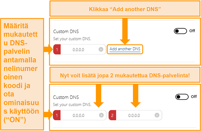 Näyttökuva siitä, miten voit käyttää ja luoda mukautettuja DNS-palvelimia BullGuardilla