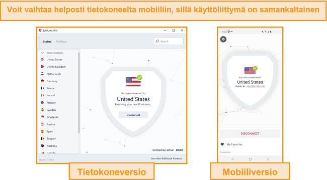 Näyttökuva BullGuardin käyttöliittymästä mobiililaitteilla ja työpöydällä