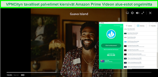 Tangkapan layar dari Amazon Prime Video streaming Guava Island saat masuk ke server VPNCity di Australia