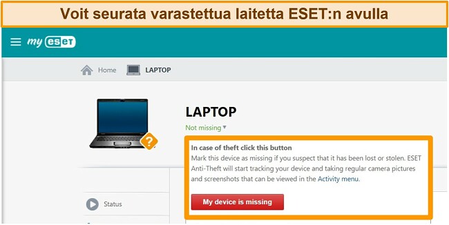 Näyttökuva ESET: n varkaudenestopaneelista