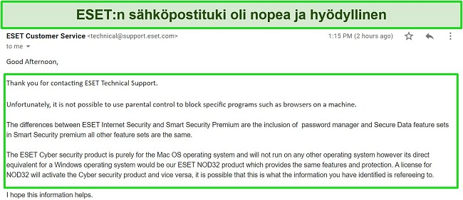 Näyttökuva ESET: n sähköpostitukivastauksesta