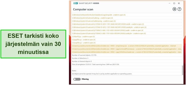 Näyttökuva ESET: n koko järjestelmän tarkistuksesta