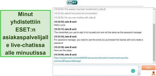Näyttökuva ESET: n live-chatista