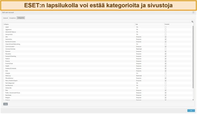 Näyttökuva ESET: n lapsilukosta