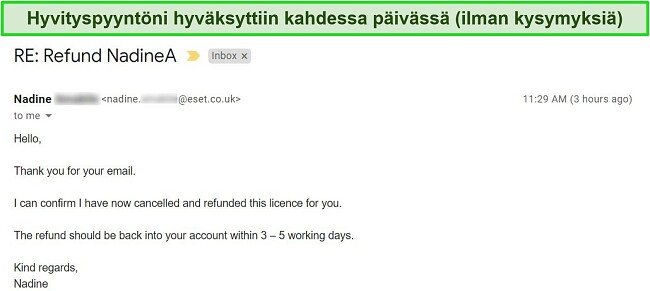 Näyttökuva ESET-tuen hyvityssähköpostista