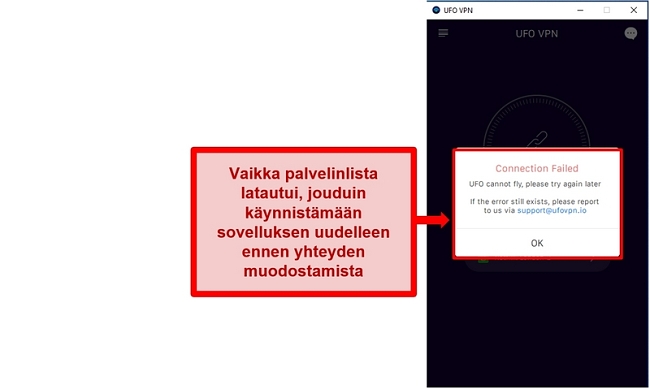 Näyttökuva UFO VPN: n yhteysvirheestä