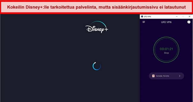 Näyttökuva Disney + -yrityksestä, joka yrittää ladata, kun UFO VPN on yhteydessä Kanadan palvelimeen