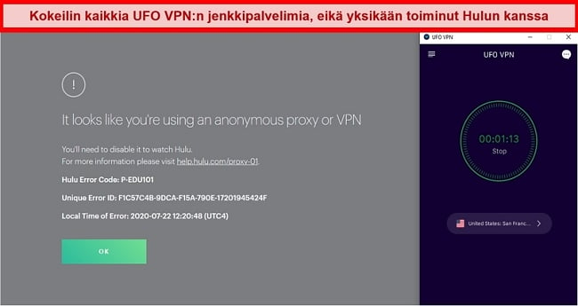 Hulu näyttää välityspalvelimen virheen ollessaan yhteydessä UFO VPN: n San Francisco -palvelimeen