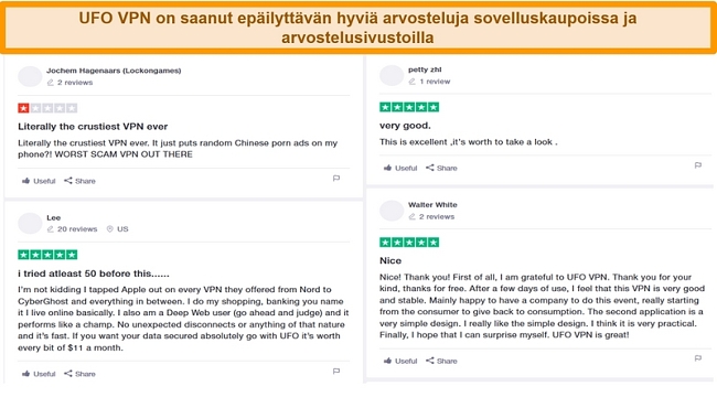 Näyttökuva UFO VPN-arvosteluista Trustpilot.comissa