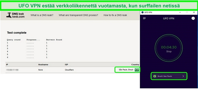 Näyttökuva onnistuneesta DNS-vuototestistä, kun yhteys on muodostettu UFO VPN -palvelimeen Brasiliassa