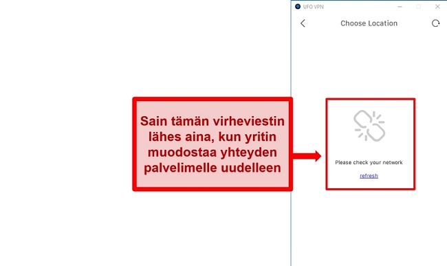 Näyttökuva UFO VPN: n palvelinluettelovirheestä