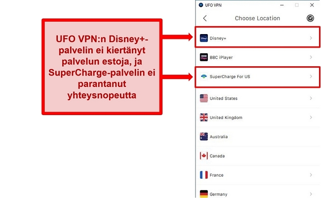 Näyttökuva UFO VPN: n palvelinluettelosta