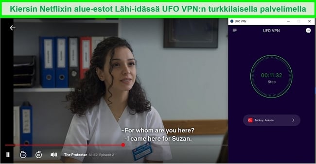 Netflix toistaa turkkilaista TV-ohjelmaa, kun UFO VPN on yhteydessä palvelimeensa Turkissa