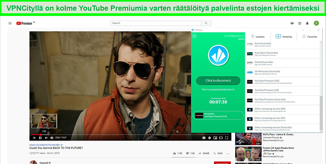 Tangkapan layar dari YouTube Premium yang diputar dalam HD saat terhubung ke server Streaming Premium YouTube VPNCity di Inggris