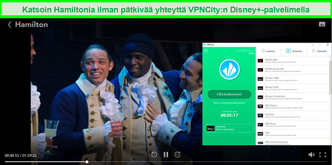 Tangkapan layar Hamilton bermain di Disney + saat terhubung ke server streaming DIsney Plus Australia VPNCity