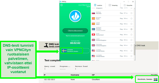 Tangkapan layar VPNCity yang tersambung ke server Swedia dan lulus uji kebocoran DNS