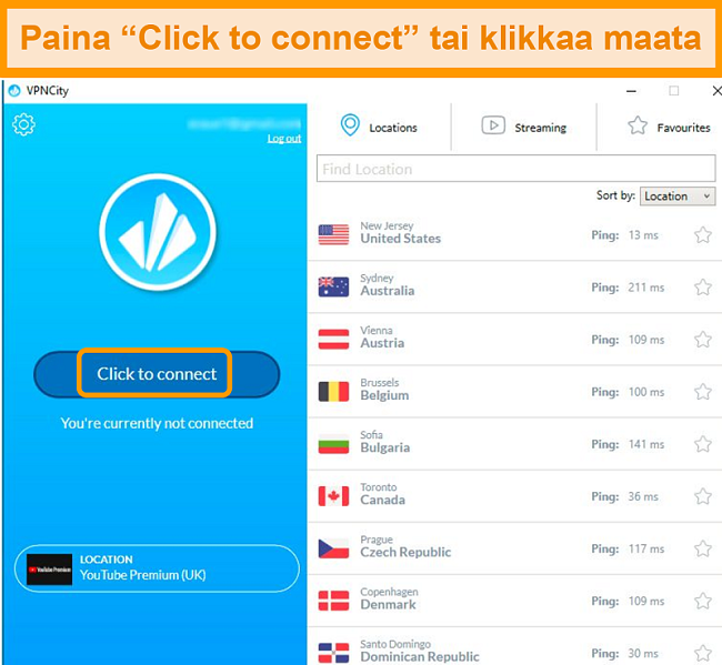 Tangkapan layar dari antarmuka VPNCity