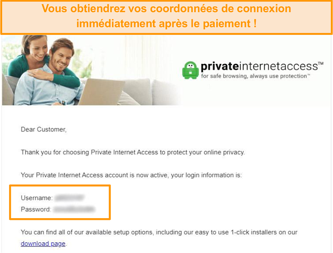 Capture d’écran de l’e-mail de confirmation d’inscription à l’accès Internet privé avec les détails de connexion inclus