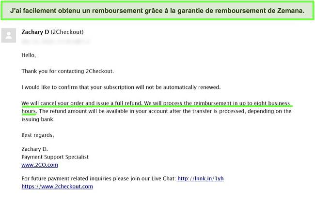 Capture d'écran d'un utilisateur demandant un remboursement à l'antivirus Zemana par e-mail en utilisant la garantie de remboursement