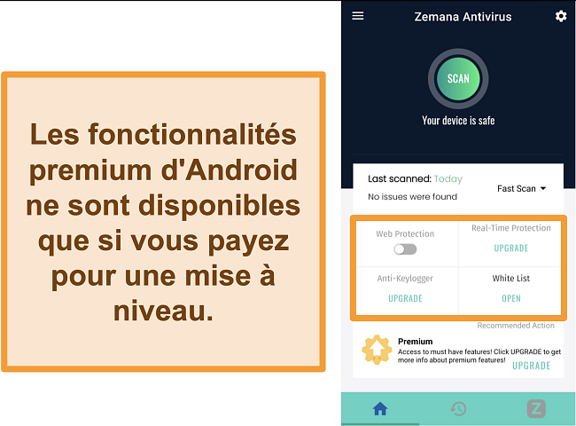 Capture d'écran de l'interface principale de l'application Android de Zemana.