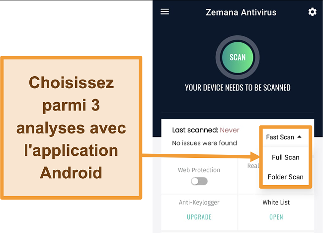 Capture d'écran de l'application Android de Zemana avec les types de scan mis en évidence.