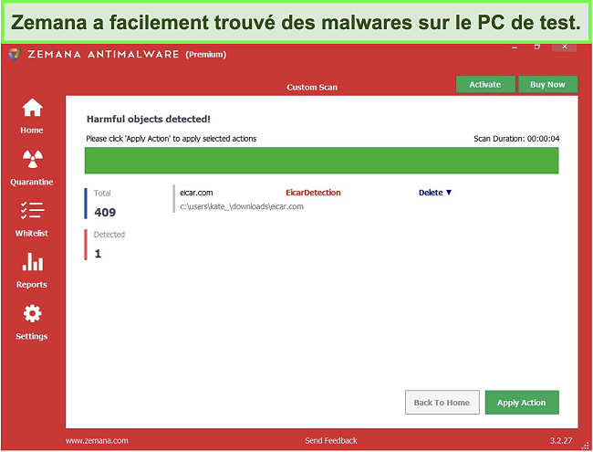 Capture d'écran de l'analyse approfondie de Zemana du dossier de téléchargement, avec détection de logiciels malveillants.