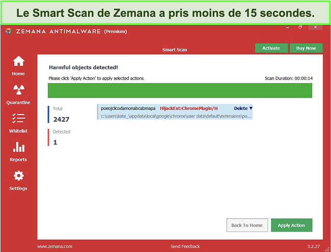 Capture d'écran du Smart Scan de Zemana avec des objets nuisibles détectés.