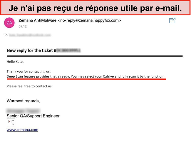 Capture d'écran de la capture d'écran de Zemana de la réponse par e-mail à un ticket d'assistance client en ligne fournissant des informations incorrectes. Interface principale de l'application Android.