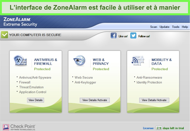 Capture d'écran de l'interface principale de ZoneAlarm pour l'application Windows.