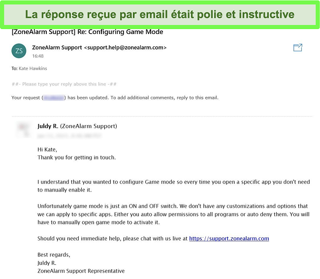 Capture d'écran de la réponse par e-mail de ZoneAlarm à une question d'assistance client.