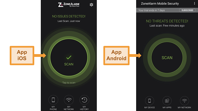 Capture d'écran des applications Android et iOS de ZoneAlarm.