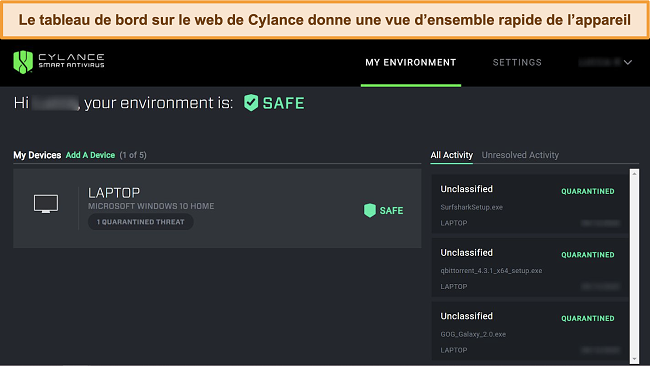 Capture d'écran du tableau de bord Web de Cylance affichant le niveau de sécurité actuel des appareils connectés et les menaces détectées.