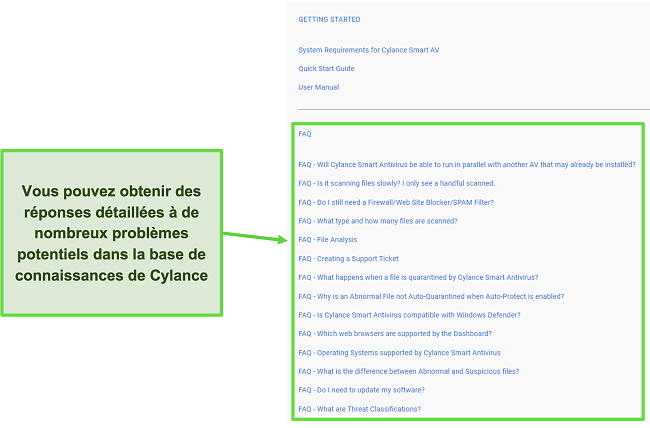 Capture d'écran de la base de connaissances de Cylance avec FAQ.