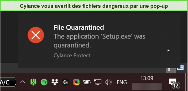 Capture d'écran de l'avertissement de détection de malware de Cylance.