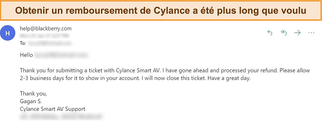 Capture d'écran de la réponse par e-mail de Cylance à une demande de remboursement.
