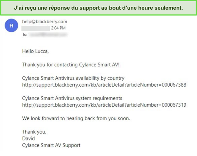 Capture d'écran d'un e-mail d'assistance client de Cylance.