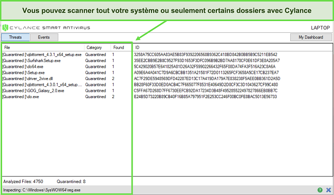Capture d'écran de l'analyse du système et des résultats de Cylance.