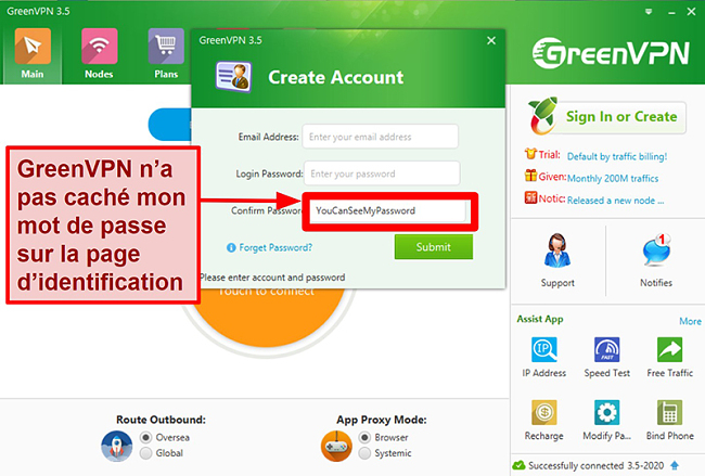  Capture d'écran de l'interface GreenVPN montrant la création de compte et l'écran de connexion