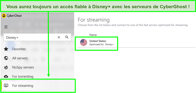 Capture d'écran de CyberGhost débloque Disney + avec le serveur américain optimisé