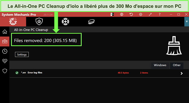 Capture d'écran de la fonction de nettoyage de PC tout-en-un d'iolo ayant effacé plus de 300 Mo de fichiers indésirables.