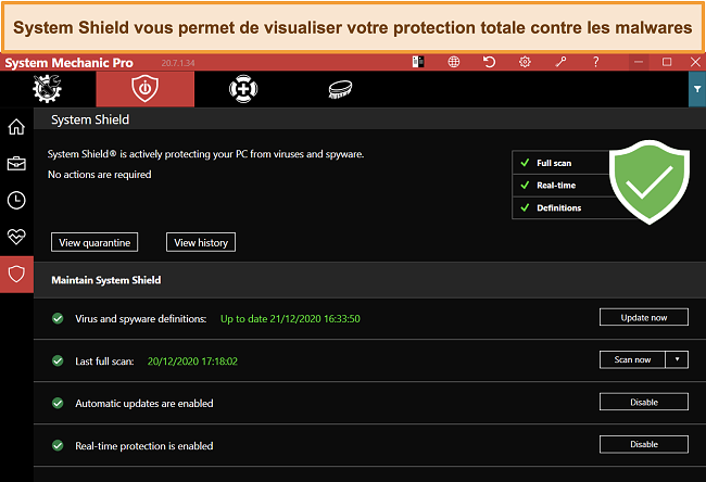 Capture d'écran de iolo System Shield analysant la protection contre les logiciels malveillants
