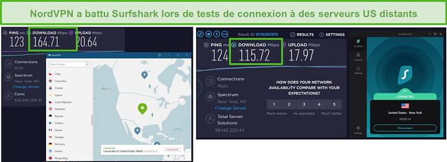 Capture d'écran de NordVPN et Surfshark exécutant un test de vitesse aux États-Unis.