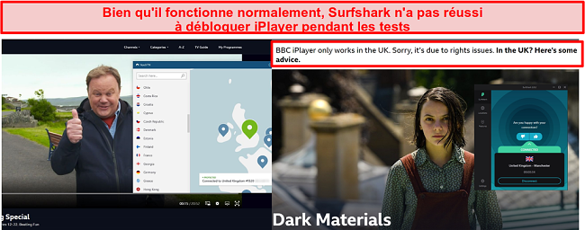 Capture d'écran de NordVPN débloquant avec succès BBC iPlayer et Surfshark échouant à le faire.