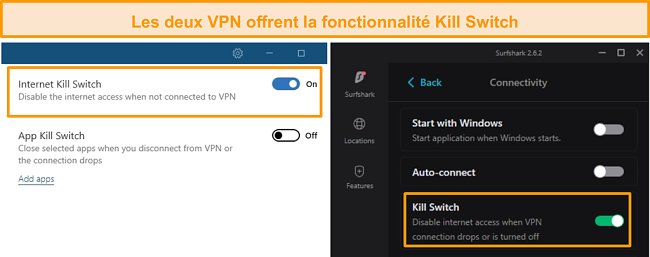 Capture d'écran des kill switch intégrés de NordVPN et Surfshark.