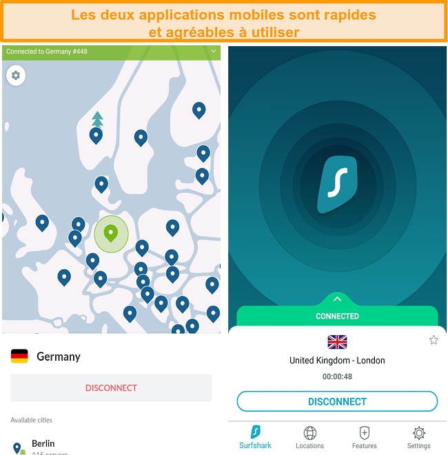 Capture d'écran des applications Android NordVPN et Surfshark.