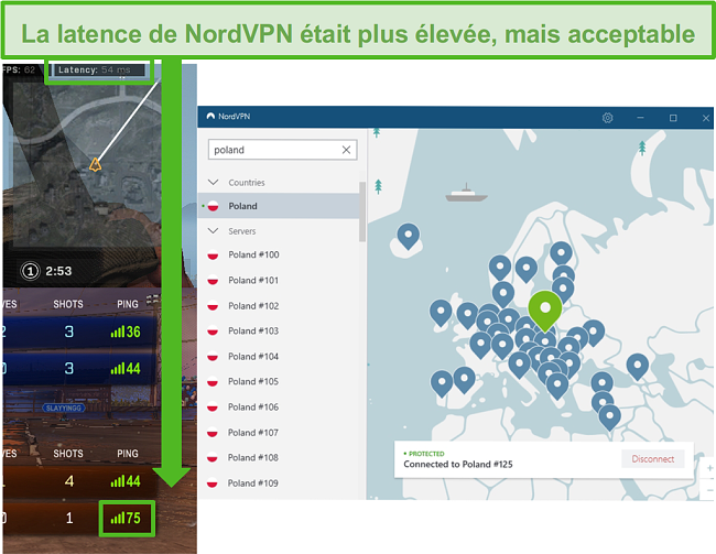 Capture d'écran des résultats de latence de Call of Duty: Warzone et Rocket League tout en jouant avec NordVPN connecté.